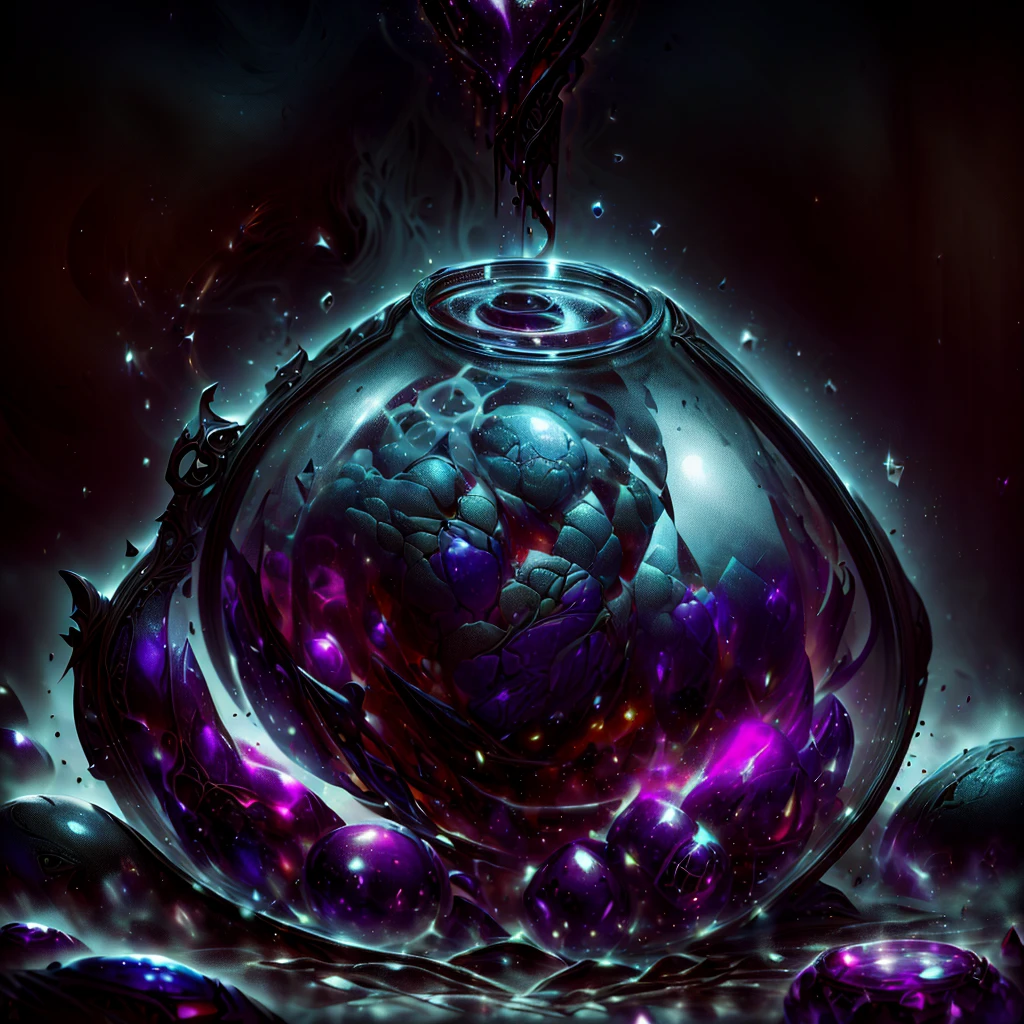 a necromancer in a fantasy world, inside a glass jar filled with alchemical reagents, detailed glass jar with intricate patterns, glowing purple liquid, dark moody lighting, cinematic composition, dramatic shadows, highly detailed, 8k, hyperrealistic, photorealistic, masterpiece