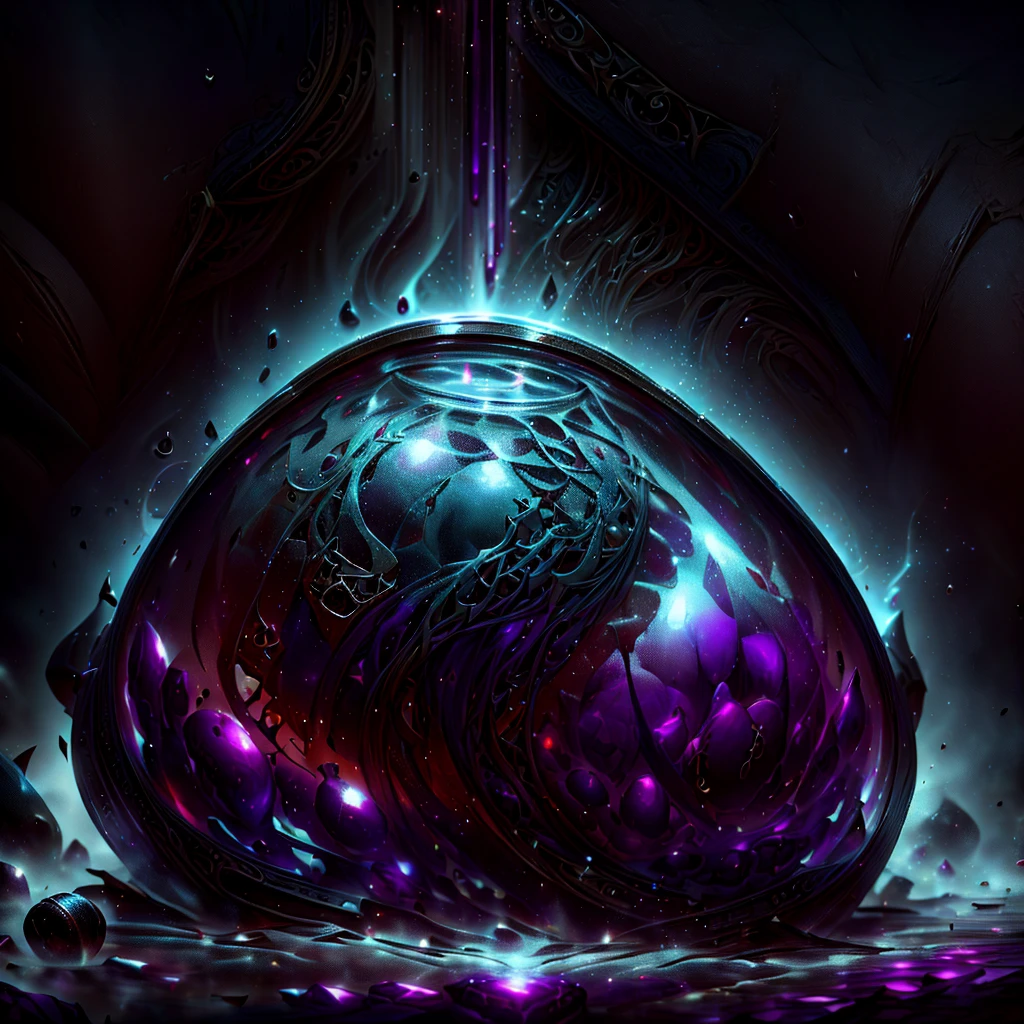 a necromancer in a fantasy world, inside a glass jar filled with alchemical reagents, detailed glass jar with intricate patterns, glowing purple liquid, dark moody lighting, cinematic composition, dramatic shadows, highly detailed, 8k, hyperrealistic, photorealistic, masterpiece