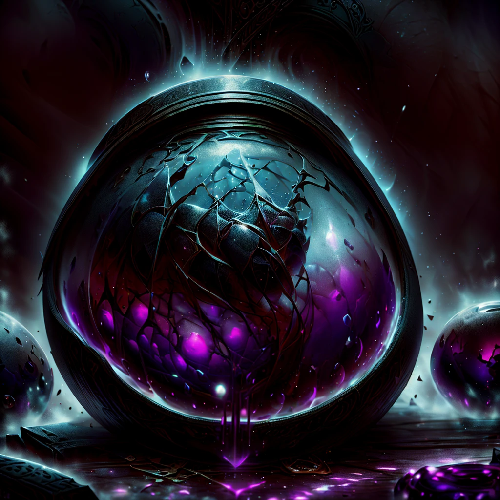 a necromancer in a fantasy world, inside a glass jar filled with alchemical reagents, detailed glass jar with intricate patterns, glowing purple liquid, dark moody lighting, cinematic composition, dramatic shadows, highly detailed, 8k, hyperrealistic, photorealistic, masterpiece