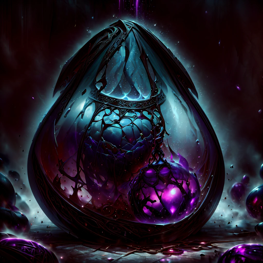 a necromancer in a fantasy world, inside a glass jar filled with alchemical reagents, detailed glass jar with intricate patterns, glowing purple liquid, dark moody lighting, cinematic composition, dramatic shadows, highly detailed, 8k, hyperrealistic, photorealistic, masterpiece