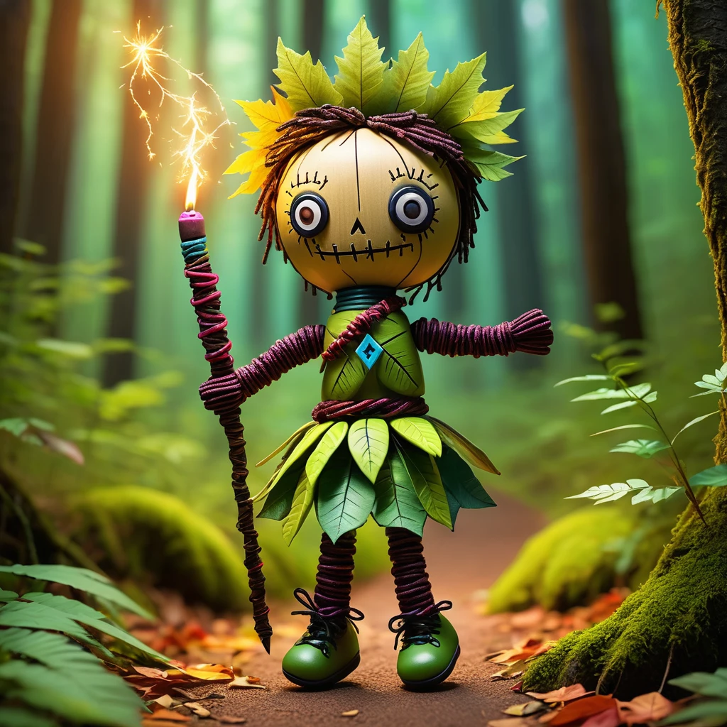 (knitted toy voodoo doll:1.7), (Voodoo on a Forest Walk:1.3), (Clothing: casual hiking attire with glowing leaf motifs:1.0), (Accessories: enchanted walking stick emitting sparks of nature magic, levitating spectral forest creatures:1.1), (background: serene forest path with floating leaves, glowing sunlight filtering through trees, and spectral hikers:1.2), best quality, masterpiece, detailed soft oil painting, detailed background, dramatic cinematic lighting, soft edge lighting, professional, dramatic lighting, hard edge lighting, ultra quality, 4k, masterpiece, best quality, 8k, ultra high definition, high resolution, extremely detailed