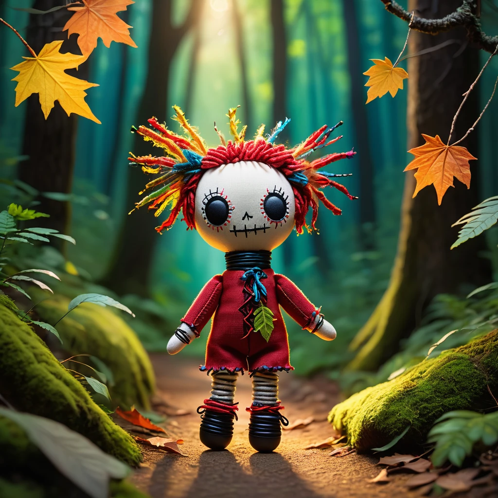 (knitted toy voodoo doll:1.7), (Voodoo on a Forest Walk:1.3), (Clothing: casual hiking attire with glowing leaf motifs:1.0), (Accessories: enchanted walking stick emitting sparks of nature magic, levitating spectral forest creatures:1.1), (background: serene forest path with floating leaves, glowing sunlight filtering through trees, and spectral hikers:1.2), best quality, masterpiece, detailed soft oil painting, detailed background, dramatic cinematic lighting, soft edge lighting, professional, dramatic lighting, hard edge lighting, ultra quality, 4k, masterpiece, best quality, 8k, ultra high definition, high resolution, extremely detailed