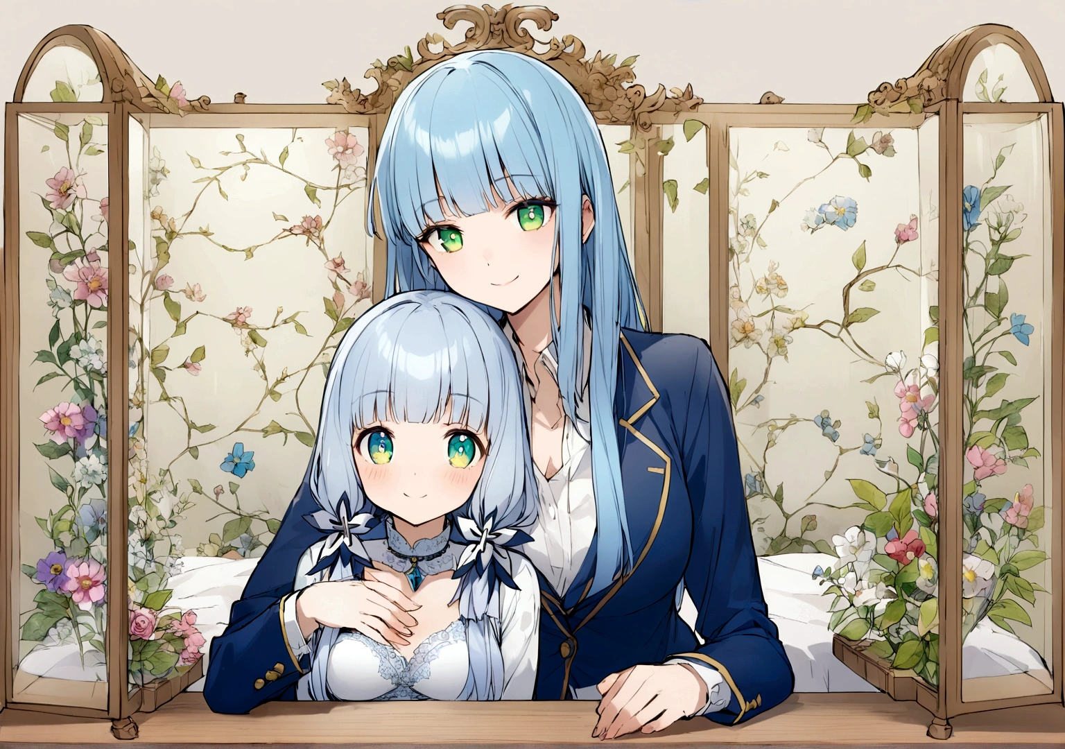 high school girl、With a girl,Jewel Eyes,Beautiful arrangements and motifs、Few、Game character design、Written boundary depth , wonderful, beauty、Transparency、Game character design、(One Girl:1.0)、Blue Hair、Straight hair、cute、Upper Body、Green Eyes、Sit on the bed,、Blazer、front、smile、Ordinary room background