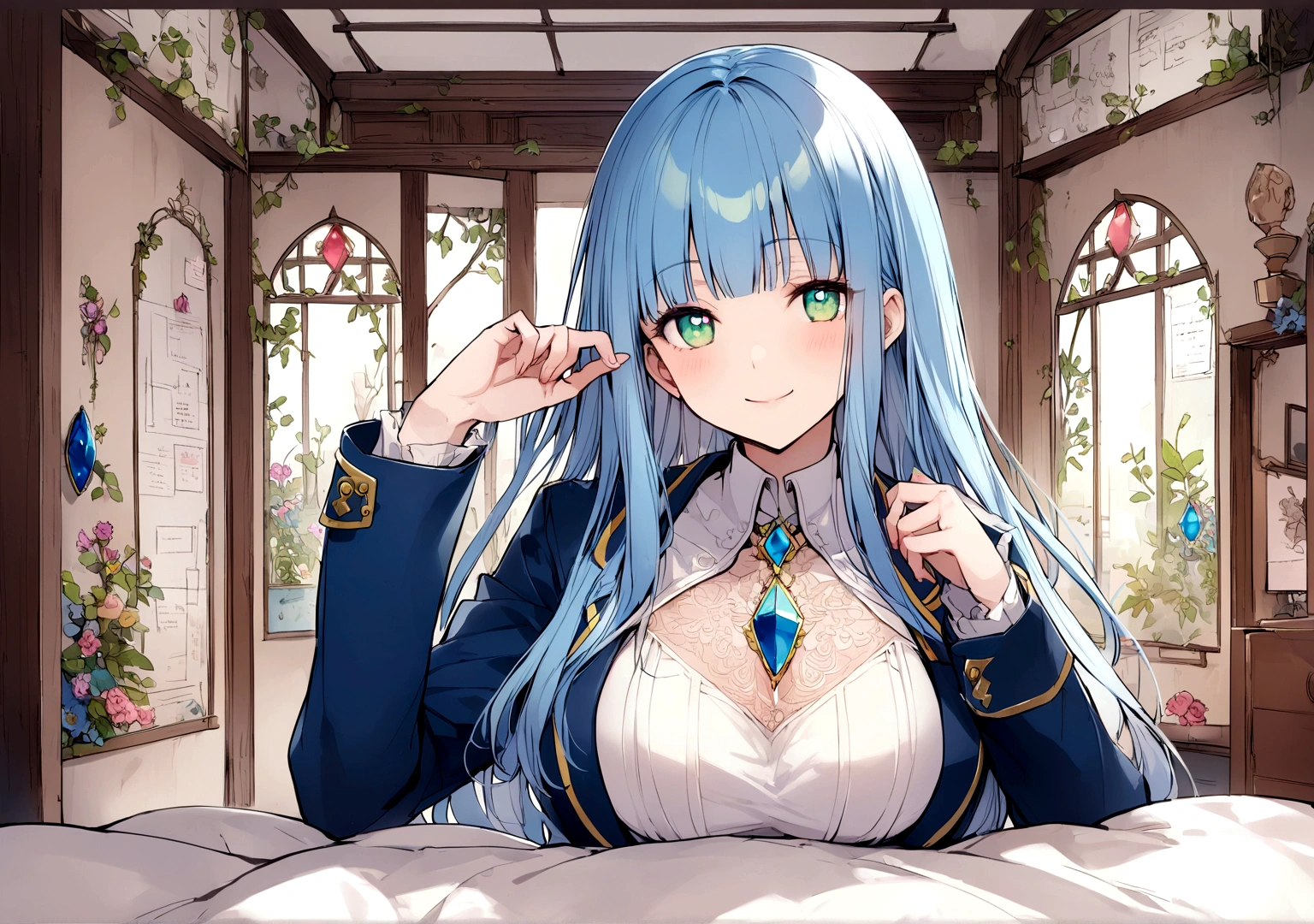 high school girl、With a girl,Jewel Eyes,Beautiful arrangements and motifs、Few、Game character design、Written boundary depth , wonderful, beauty、Transparency、Game character design、(One Girl:1.0)、Blue Hair、Straight hair、cute、Upper Body、Green Eyes、Sit on the bed,、Blazer、front、smile、Ordinary room background