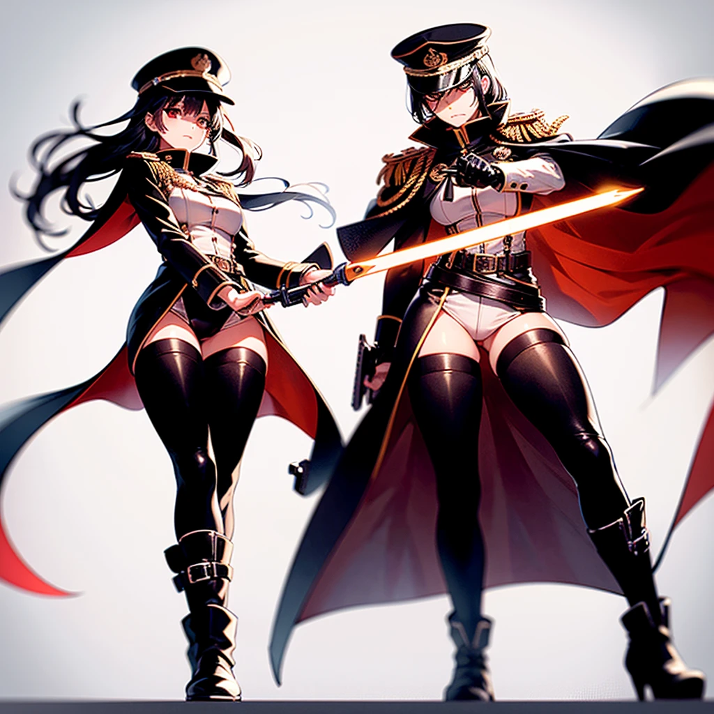 1girl、Dynamic composition、[17277fbe68]、(masterpiece, Highest quality), Super detailed, Anime Style, whole body, alone, cyberpunk soldier girl, Men wearing red and black military uniforms and hats, Fluttering Cape, Black hair and red eyes, Male Beauty, Holding a saber and a pistol, Wear long boots, Supernatural red and black flames, Karate fighting poses, Standing in the wasteland, Digital Painting, 8K high resolution, Art Station Trends, White Background, whole body,