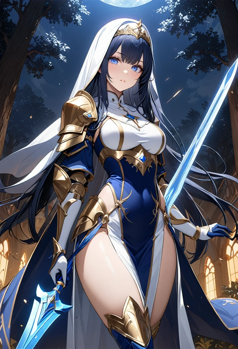 Highest quality、unity 8k wallpaper、32k、masterpiece、Very detailed、Ultra-high resolution、Very detailedな顔, RAW Photos, Professional, Ultra-fine painting, Warrior Saint、Midnight blue long straight hair、Platinum tiara with blue gemstones、Blue Nun Cape、Red Eyes、(Tree Eyes), Cool and sharp features, hime cut, 20~A female magical warrior, about 24 years old.、White and gold breastplate、Blue and white leotard、(((Blue and white gold-embellished long pencil skirt with side armor and long slits)))、Half puff sleeves with shoulder pads、A large white ribbon with a large sapphire on the chest、White and blue long gloves、(((White and blue thigh-high stiletto boots:1.0)))、whole body、He has a spear with a glowing blue blade