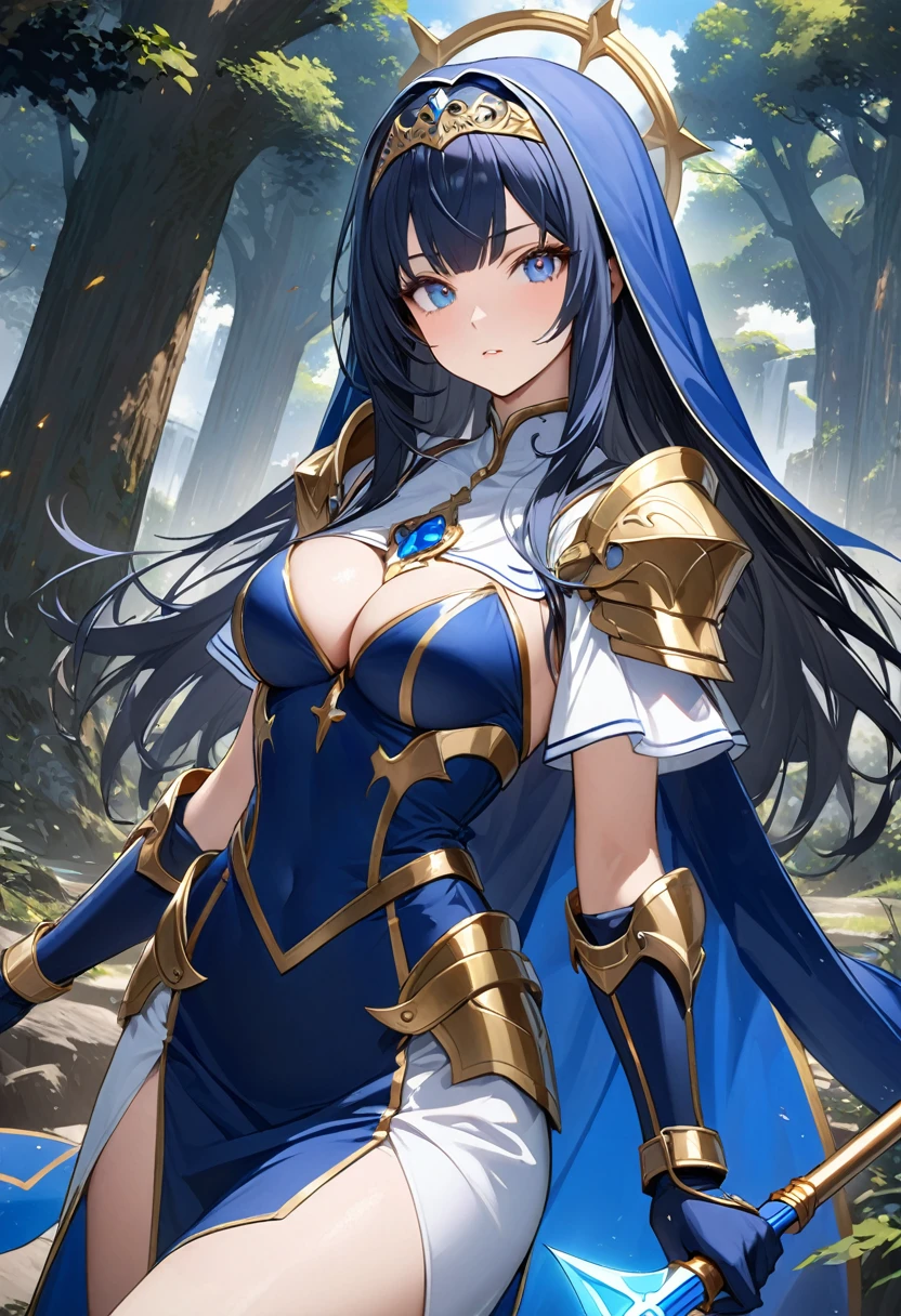 Highest quality、unity 8k wallpaper、32k、masterpiece、Very detailed、Ultra-high resolution、Very detailedな顔, RAW Photos, Professional, Ultra-fine painting, Warrior Saint、Midnight blue long straight hair、Platinum tiara with blue gemstones、Blue Nun Cape、Red Eyes、(Tree Eyes), Cool and sharp features, hime cut, 20~A female magical warrior, about 24 years old.、White and gold breastplate、Blue and white leotard、(((Blue and white gold-embellished long pencil skirt with side armor and long slits)))、Half puff sleeves with shoulder pads、A large white ribbon with a large sapphire on the chest、White and blue long gloves、(((White and blue thigh-high stiletto boots:1.0)))、whole body、He has a spear with a glowing blue blade