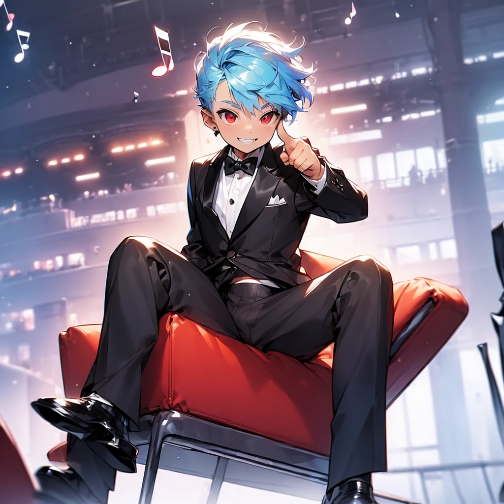 (solo:2.5), (boldline:-1.7), (put index finger on mouth:1.5), (floating musical notes:1.7), (sitting on red chair:1.5), (((fang))), (((best finger))), BREAK (best quality:1.5), (absolutely resolution:1.5), (ultra detailed:1.5), (masterpiece:1.5), (perfect face), (detailed face), (detailed eyes:1.3), (best eyes), (cute face), (shota:2), BREAK (tuxedo:1.5), (bulge:1.6), (skinny:1.3), BREAK (light blue hair:1.5), (spiked hair), (wine red eyes:1.4), (eyes with highlight:1.6), ((mole under eye)), (sweaty skin), (grin:1.5), ((earrings)), (shiny skin:1.3), BREAK (concert hall:1.5), (spot light:1.3), (at concert), (many people), ((wind blowing)), frow below, close up,