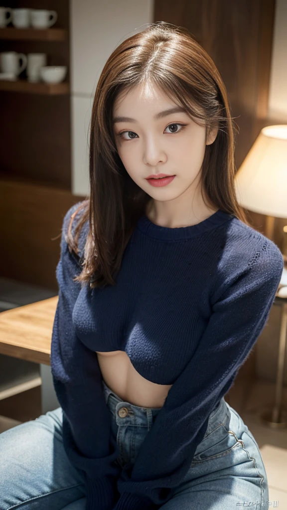 18 years old girls,Perfect face and,cute clothing,slim and slender physique。The skin has detailed and highly detailed eyes(1.1 emphasis),Very detailed skin texture(1.1 emphasiodel photo style,realisticlying,skin texture is real human skin texture,Detailed Skin Pore,Complicated details,The eyes are very detailed,kneesup,Attractive and sexy chibi,smile,,Eat parfait at a café,sitted,Dark blue knit sweater,black long pants,coffeehouse,tit,areola of breast,full bodyesbian,Full-body photography,Full body photography,Full body like,Slim waistline, Tempting, slutty, ((Topless)), (Realistic, photograph realistic:1.37), Cinematic light