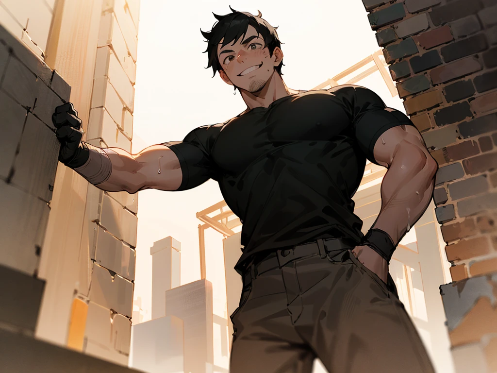 age 30s,Angle from below,Cabedon,upscaled,grinning evily,1 man, Short black hair,Uncle,macho, Black shirt, standing in the sun, , I have a brick in my hand, Sweat,constructionyardai