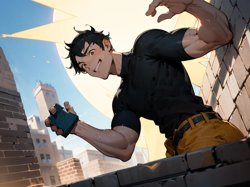age 30s,Angle from below,Cabedon,upscaled,grinning evily,1 man, Short black hair,Uncle,macho, Black shirt, standing in the sun, , I have a brick in my hand, Sweat,constructionyardai