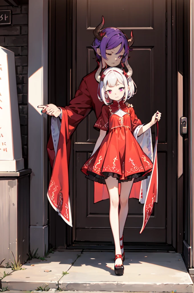 A woman with short red, purple, and white hair. Wearing a red and purple dress and has buffalo horns. Full body.
