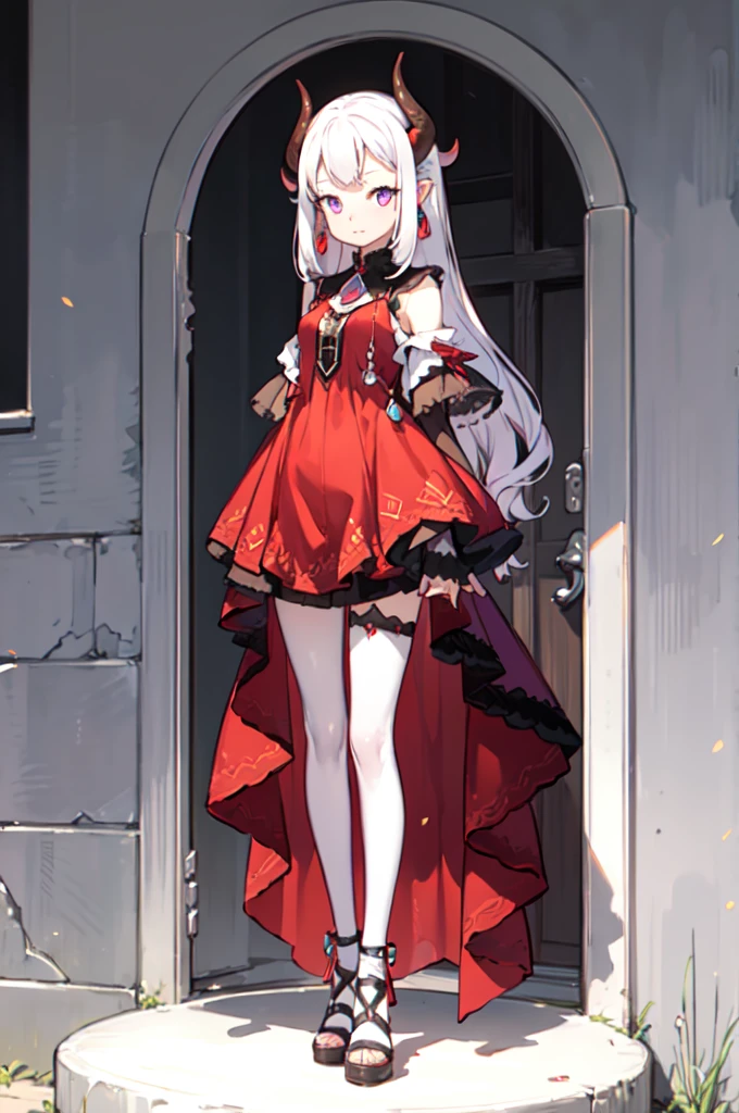 A woman with short red, purple, and white hair. Wearing a red and purple dress and has buffalo horns. Full body.