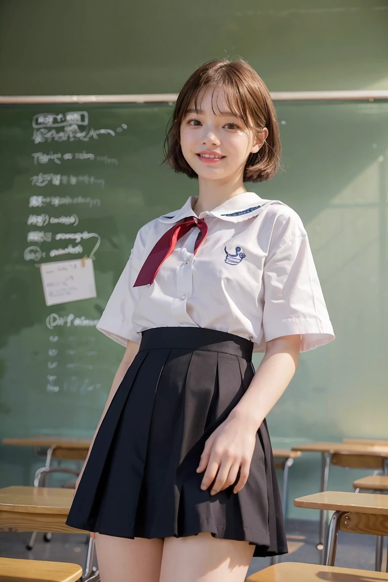 girl standing in school park,sailor shirt with red bow tie,school skirt,18-year-old,bangs,a little smiles,thighs,knees,from below