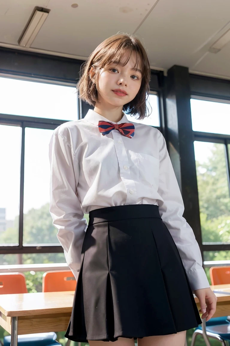 girl standing in school park,sailor shirt with red bow tie,school skirt,18-year-old,bangs,a little smiles,thighs,knees,from below