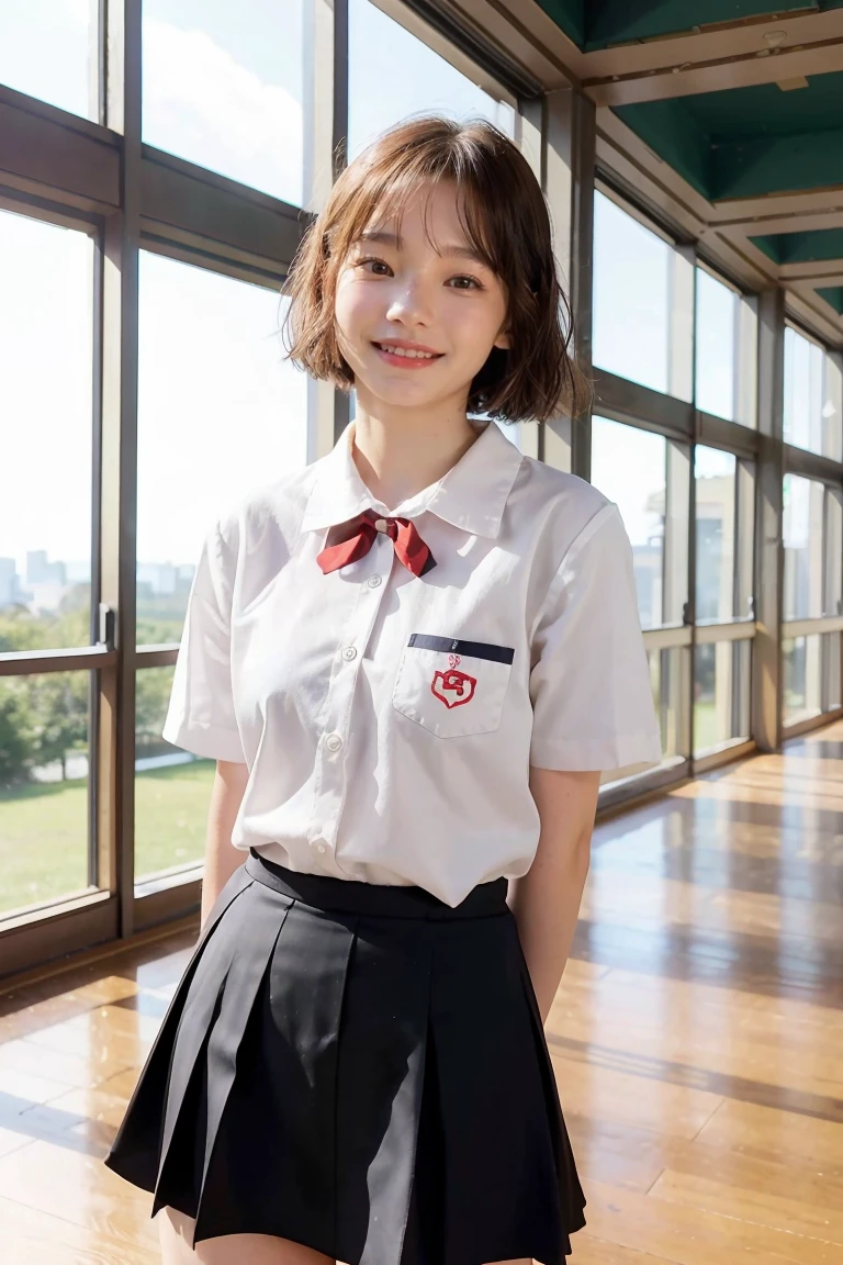 girl standing in school park,sailor shirt with red bow tie,school skirt,18-year-old,bangs,a little smiles,thighs,knees,from below