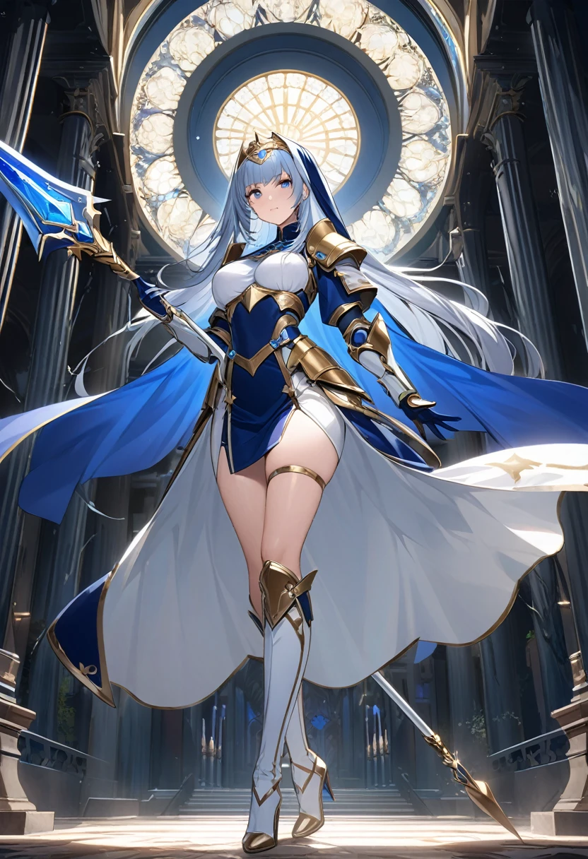 Highest quality、unity 8k wallpaper、32k、masterpiece、Very detailed、Ultra-high resolution、Very detailedな顔, RAW Photos, Professional, Ultra-fine painting,　Warrior Saint、Midnight blue long straight hair、Platinum tiara with blue gemstones、Blue Nun Cape、Red Eyes、(Tree Eyes), Cool and sharp features, hime cut, 20～A female magical warrior, about 24 years old.、White and gold breastplate、Blue and white leotard、(((Blue and white gold-embellished long pencil skirt with side armor and long slits)))、Half puff sleeves with shoulder pads、A large white ribbon with a large sapphire on the chest、White and blue long gloves、(((White and blue thigh-high stiletto boots:1.0)))、whole body、He has a spear with a glowing blue blade