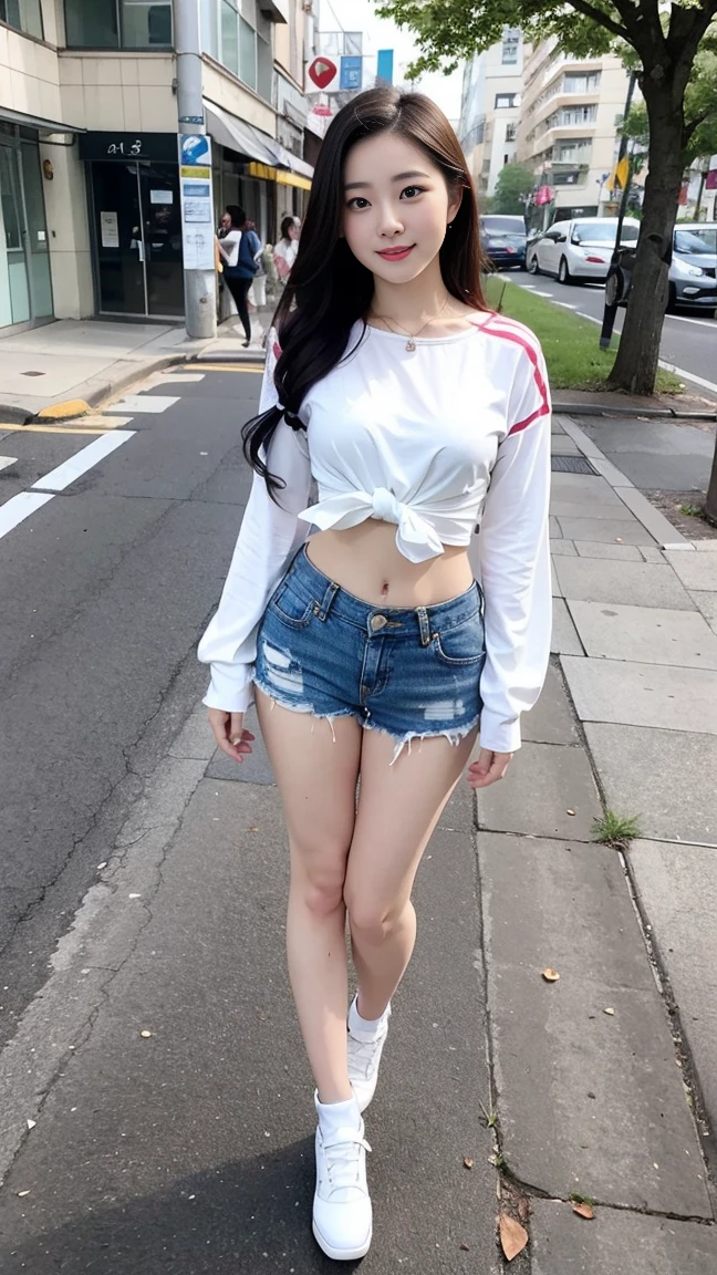  Wearing a white shirt， girl, （tight top：1.5），close your mouth and smile，legs long，Skinny super shorts，White skin of the，high high quality，4K, Face-to-face audience, 1 plump girl，hair tying up，at the street side，（Bring your legs together：1.5），with a round face， 32 inches in the chest, (sexy pose),(standing pose) ,(full body shot)、Chest 32 inches, ,Stand on the grass and take pictures