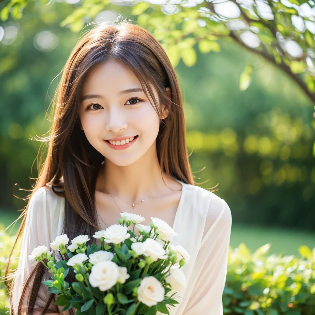 Create an image of a young woman around 25 years old, inspired by the provided image. The woman should have long, flowing hair and a gentle smile, holding a bouquet of flowers similar to the one in the reference. The setting should be a beautiful outdoor environment with greenery in the background, reminiscent of a sunny day. The woman should have a slightly more mature appearance while maintaining a warm and friendly expression. Ensure the lighting and color tones are soft and natural, highlighting her youthful yet mature beauty.

