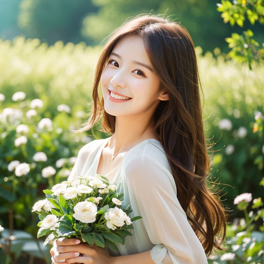 Create an image of a young woman around 25 years old, inspired by the provided image. The woman should have long, flowing hair and a gentle smile, holding a bouquet of flowers similar to the one in the reference. The setting should be a beautiful outdoor environment with greenery in the background, reminiscent of a sunny day. The woman should have a slightly more mature appearance while maintaining a warm and friendly expression. Ensure the lighting and color tones are soft and natural, highlighting her youthful yet mature beauty.
