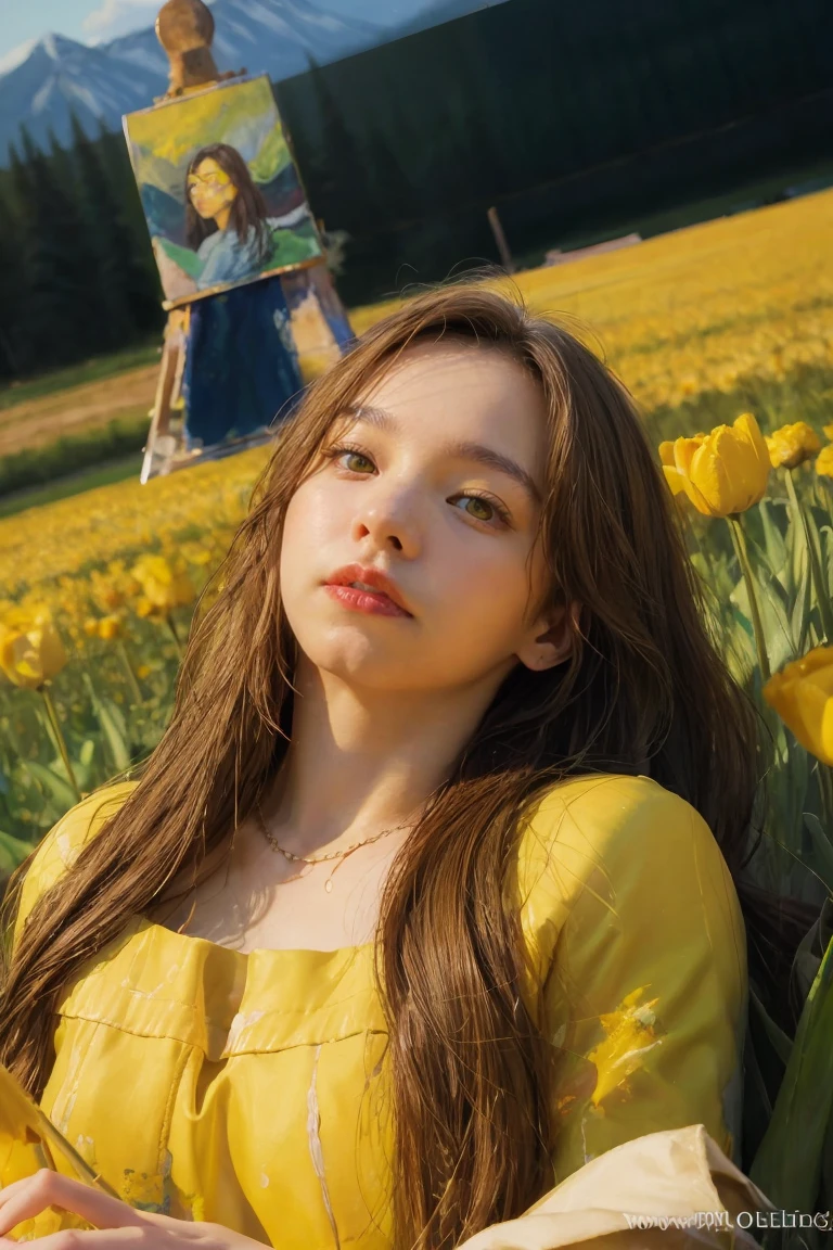(oil painting:1.5),
\\
a woman with (long brown hair), ((yellow eyes)) and yellow tulip flowers in her hair is laying down in a field of yellow tulip flowers, (amy sol:0.248), (stanley artgerm lau:0.106), (a detailed painting:0.353), (gothic art:0.106)