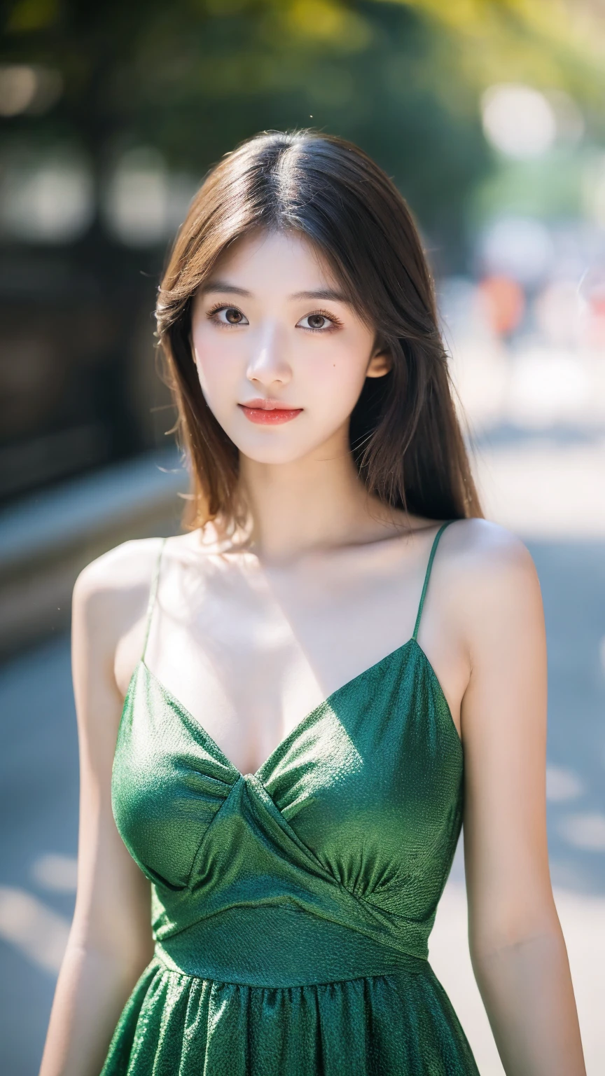 ((Best quality, 8K, masterpiece:1.3)),1girl,18 years old,Asian,Real texture:1.3,(Background blur:1.1),Gorgeous long dress,Tall and slender figure:1.2,(Hot summer weather),(street:1.3),Highly detailed face and skin textures,Exquisite eyes,Long eyelashes,Double eyelids,Skin Whitening,happy,Various postures,Big breasts
