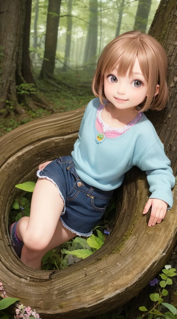 8 year old girl in the magical forest, Simple clothes, Pixar Smile