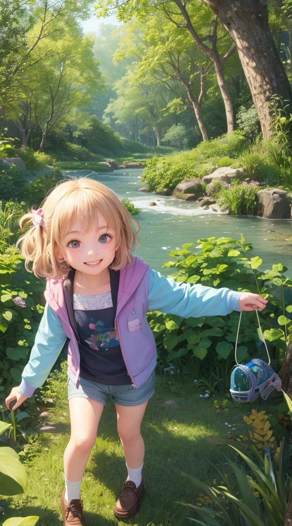 8 year old girl in the magical forest, Simple clothes, Pixar Smile