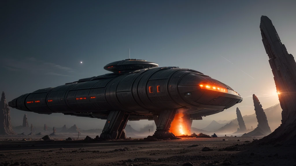 ((( R-STYLE FUTURISTIC WORLD. h. Giger MINIMALISTA ELÉCTRICO ))), (((FUTURISTIC OPAQUE GRAY COMBAT SHIP MACHINES))) (((INCREDIBLE R-STYLE FIGHTER SHIP PIECE. h. Giger ))), ((CARVED STEEL), (DEPTH OF FIELD IN FORCED PERSPECTIVE VIEW FROM BELOW OF ALIEN WAR STRAIGHT BIOMECHANICS disgusting alien biology biomechanics) biomechanical alien, unknown, extraterrestrial biology on unknown planet, HEAVY atmosphere with dust particles suspended in the air red - orange WITH SULFUR