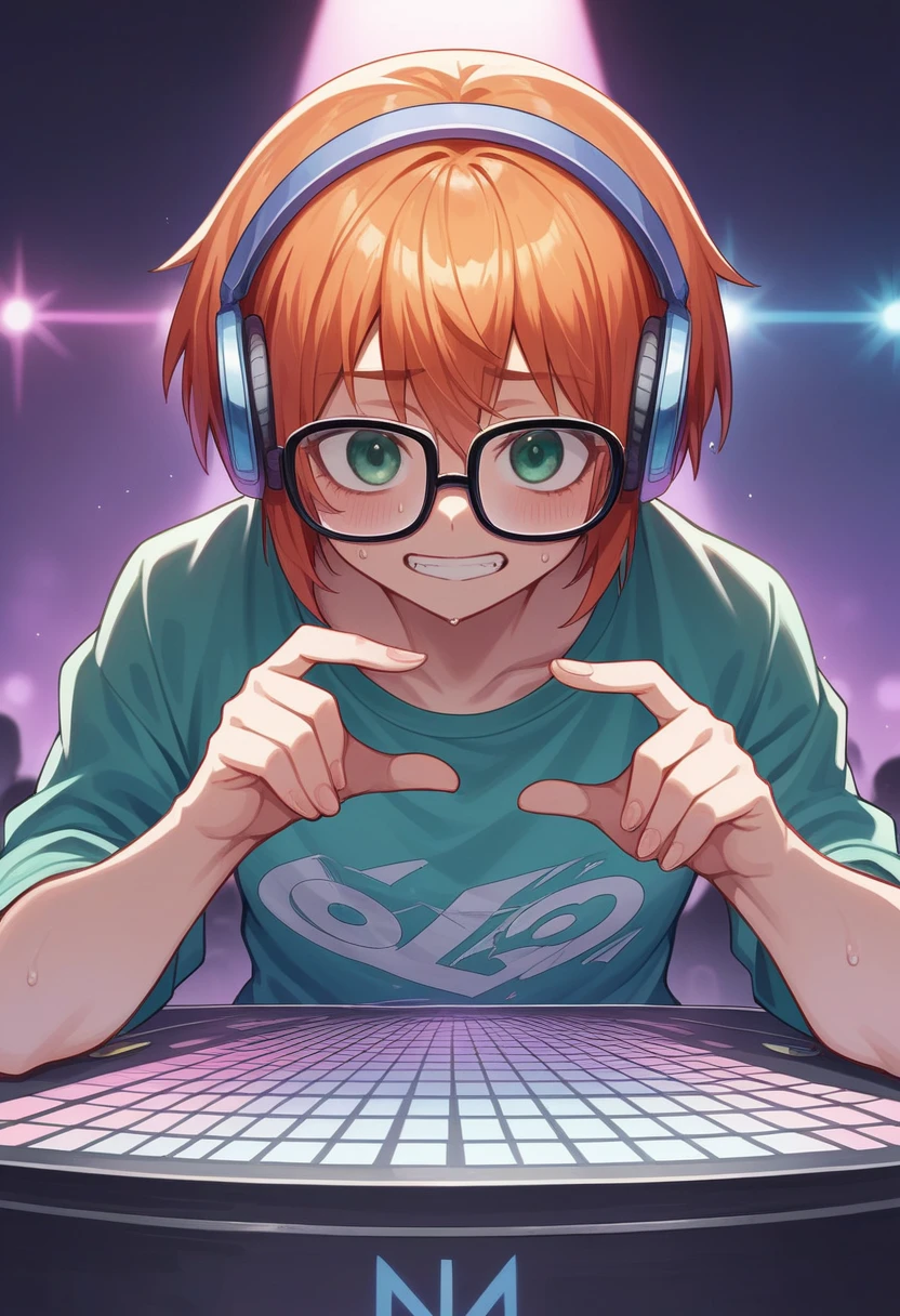 ultra-detailed:1.3, ultra delicate and detailed face:1.3, (absurdres, texture, masterpiece), isometric, pixiv contest winner, by Demizu Posuka, Dynamic manga-style illustration of DJ Girl with glasses, in DJ booth, 1headphone, rave, Cinematic lighting:1.1, (Cold Face), Green eyes,