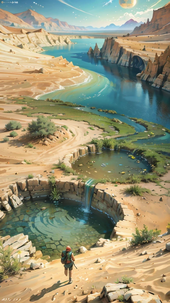 Create a realistic 3D image of a beautiful oasis in the middle of the planet Mars with incredible nature, its incredible beauty highlights that planet