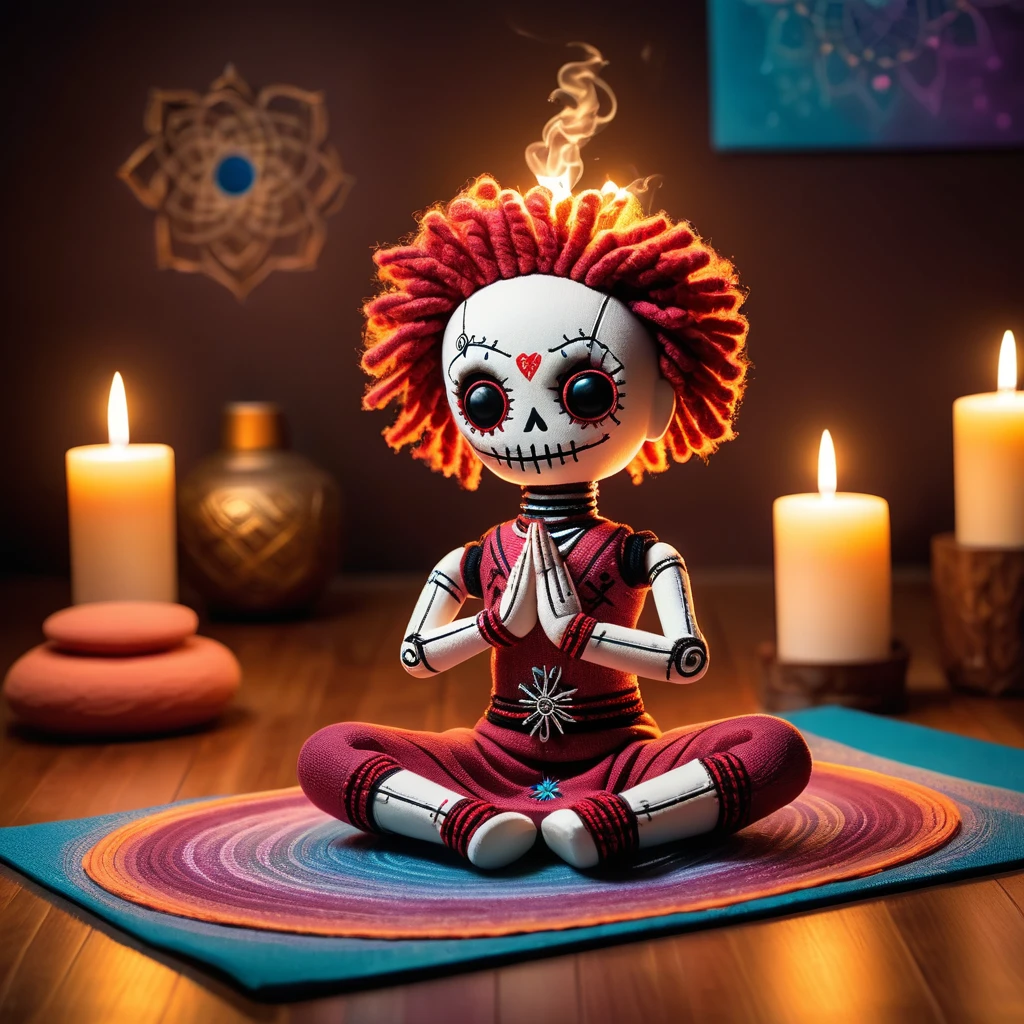 (knitted toy voodoo doll:1.7), (Voodoo at a Yoga Session:1.3), (Clothing: yoga attire with glowing mandala patterns:1.0), (Accessories: enchanted yoga mat emitting sparks of tranquility magic, levitating spectral poses:1.1), (background: serene yoga studio with floating incense smoke, glowing calm lighting, and spectral yogis:1.2), best quality, masterpiece, detailed soft oil painting, detailed background, dramatic cinematic lighting, soft edge lighting, professional, dramatic lighting, hard edge lighting, ultra quality, 4k, masterpiece, best quality, 8k, ultra high definition, high resolution, extremely detailed
