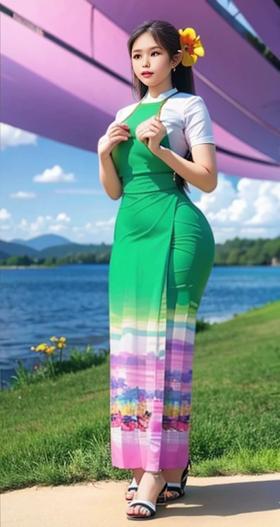 Burmese girl with attractive curvy full body.  Friends full-length bikini, ( dress) reflective long dress painted with flower patterns, only dress.  hi gh hips  High resolution  High resolution  natural background  High resolution  HD  3D,  8K cartoon anime 