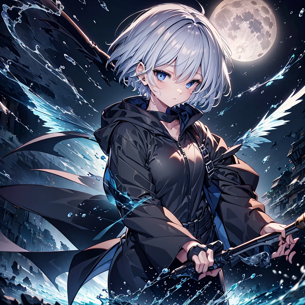 ((((grim Reaper inflammation)))) (((Gray Hair Short Hair blue eyes female Close-up))),((night full moon My own big wings)),(Wearing a hood Black camisole Purple light), A tense look Shining Background Shining Edge