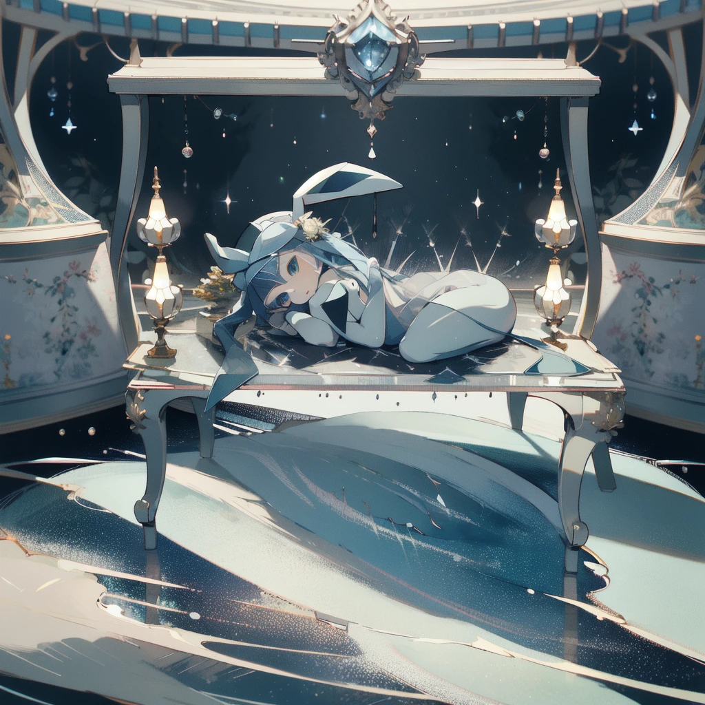 glaceon, pokemon \(creature\),animal,  full body, no humans, lying,on back,on floor,, perfect hands,, masterpiece,best quality,ultra-detailed,very detailed illustrations,extremely detailed,intricate details,highres,super complex details,extremely detailed 8k cg wallpaper, (masterpiece, best quality,absurdres: 1.2),