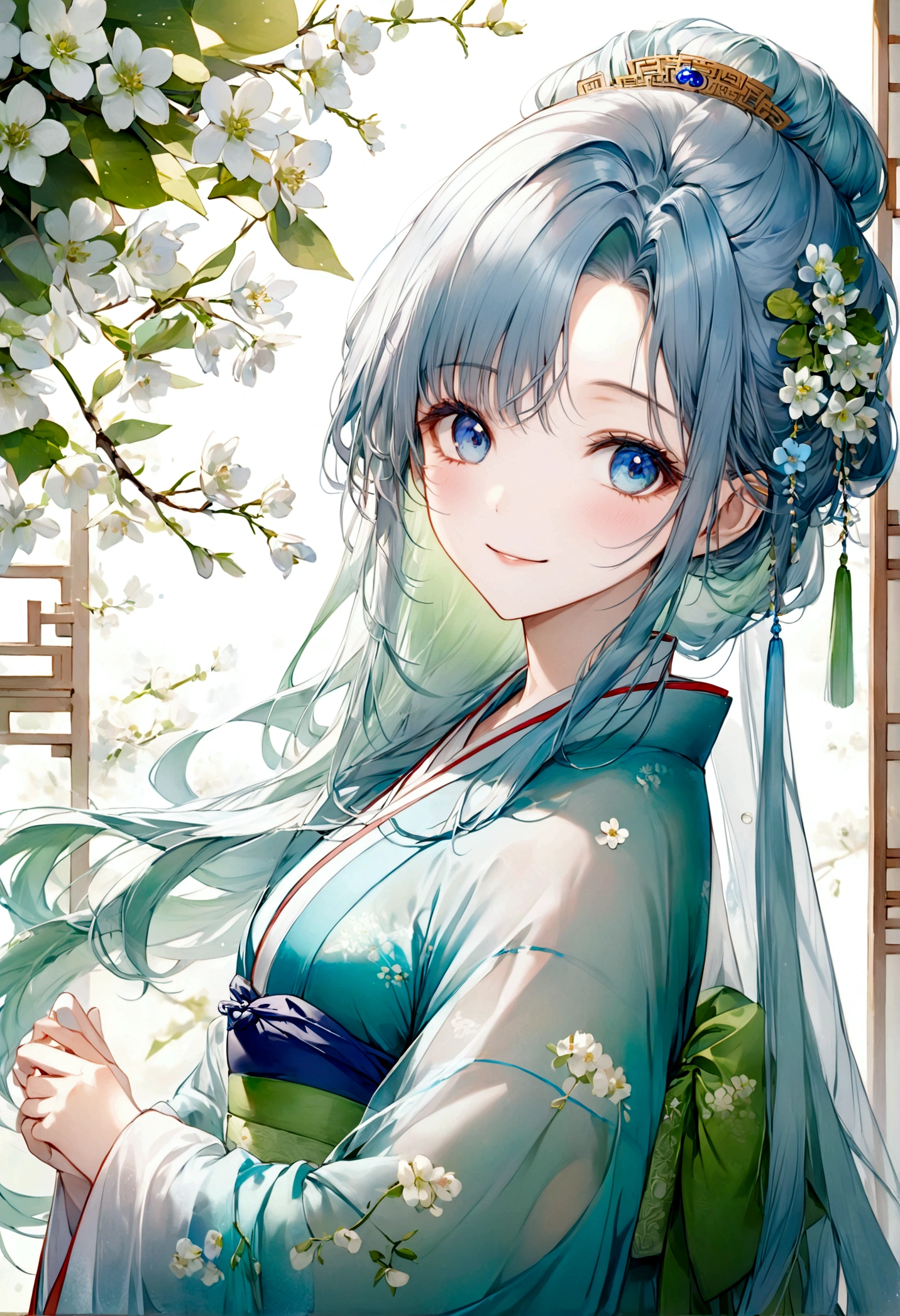 ((top-quality)), ((masterpiece)), ((ultra-detailliert)), (extremely delicate and beautiful), beautiful woman, bright light blue hair, long hair, sapphire blue eyes, traditional chinese hairstyle, wearing beautiful hanfu dress, sheer green hanfu, flowy shawl, shawl is sheer spring green, sweet smile, relaxed expression, fair complexion, delicate white flowers background