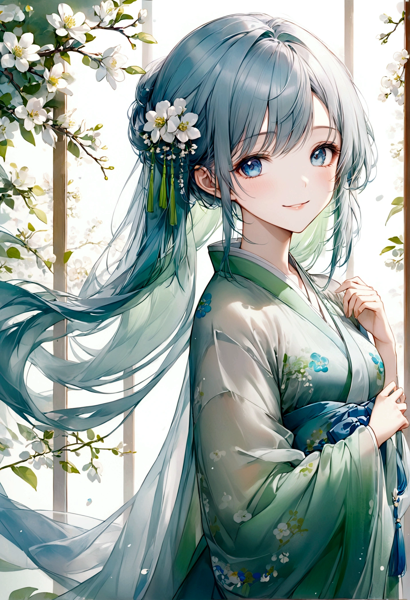 ((top-quality)), ((masterpiece)), ((ultra-detailliert)), (extremely delicate and beautiful), beautiful woman, bright light blue hair, long hair, sapphire blue eyes, traditional chinese hairstyle, wearing beautiful hanfu dress, sheer green hanfu, flowy shawl, shawl is sheer spring green, sweet smile, relaxed expression, fair complexion, delicate white flowers background