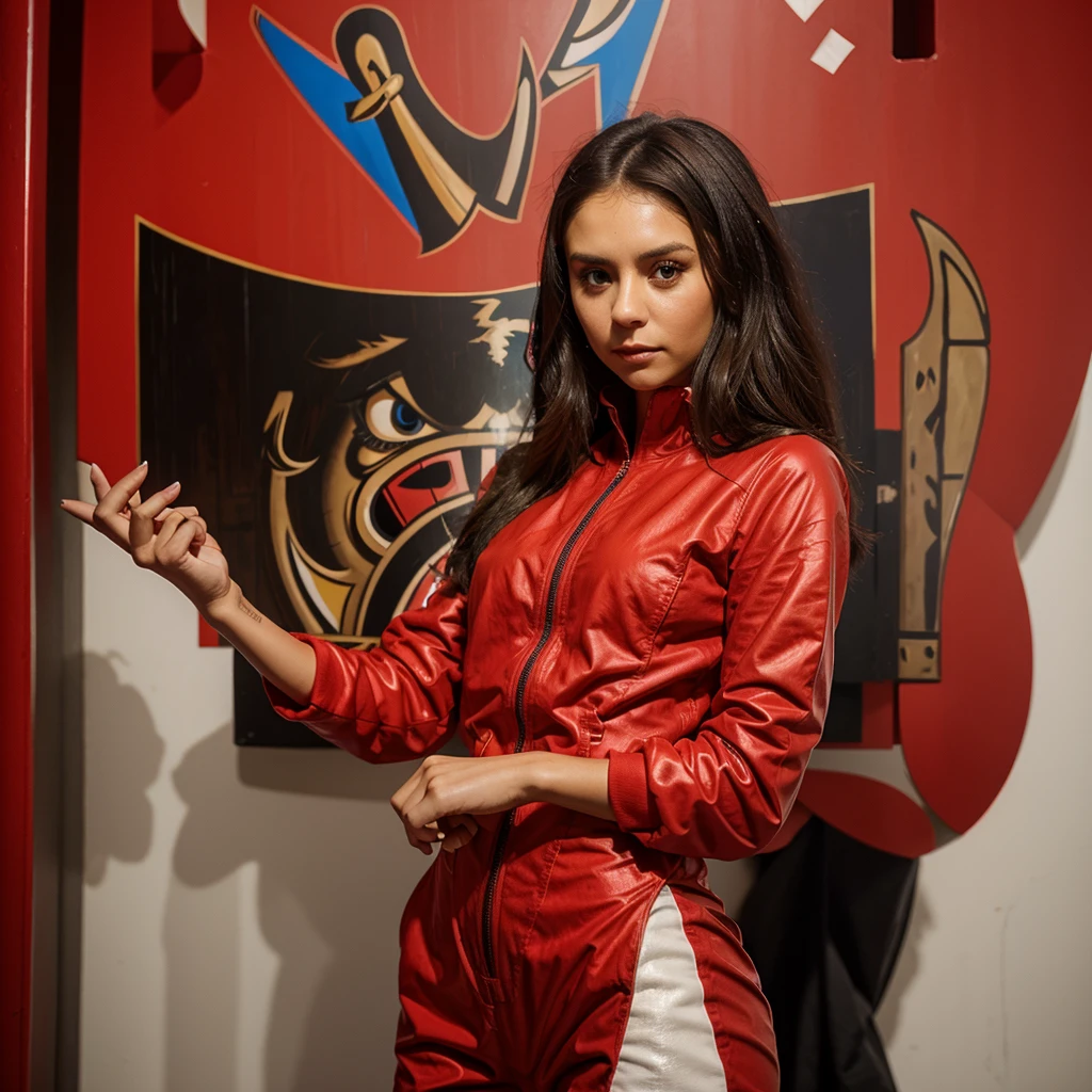 Nina dobrev In a red jumpsuit in the hand of Salvador Dali's mask