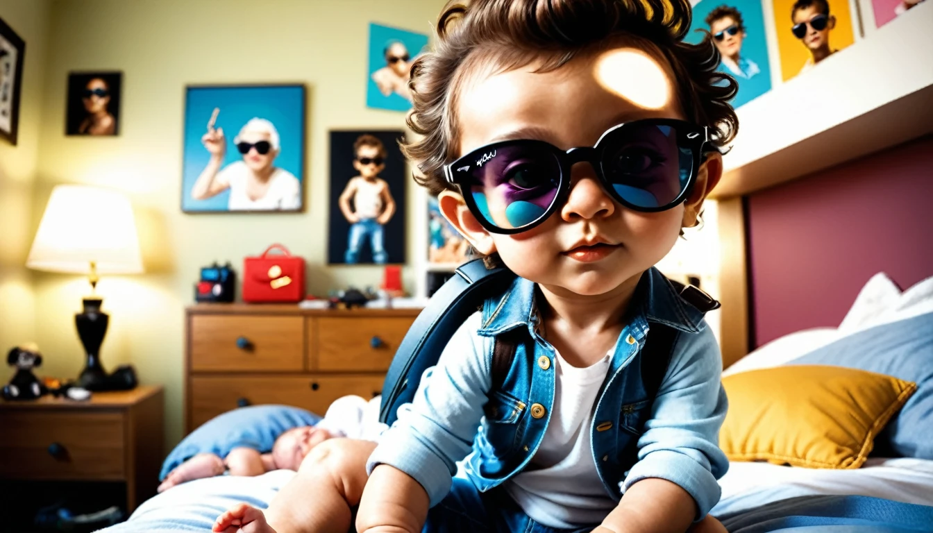 (style de film photo), cute little baby boy , sunglasses ray-ban, in her bedroom, study, 2d, colored, Ambiance chaleureuse, Glittering, Jean-Baptiste Monge style, in the way of'Alan Lee