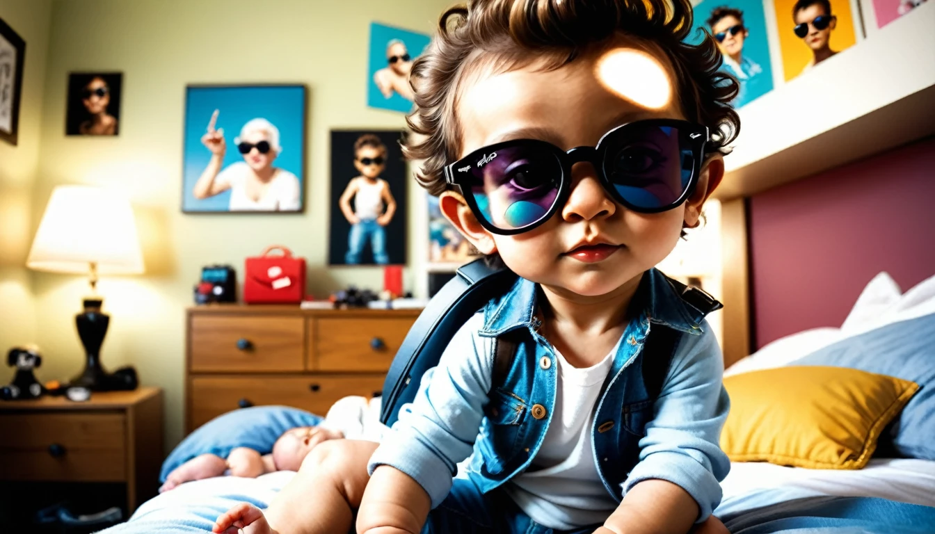 (style de film photo), cute little baby boy blond hair , sunglasses ray-ban, dans sa chambre, étudier, 2D, coloré, Ambiance chaleureuse, brillant, Jean-Baptiste Monge style, À la manière d'Alan Lee