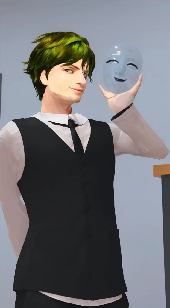 Create a realistic depiction of a young man with greenish hair styled in a casual, tousled look. He is wearing a formal outfit consisting of a white shirt with a black tie and a black vest. He holds a translucent mask with a smiling face in his left hand, looking at it with a confident and slightly mischievous expression. The background is a simple, neutral-toned interior setting.