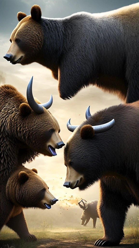 Realistic, 4D, A bear is fighting against a bull, both of them are exerting their full strength on each other, the appearance is very fierce, both are wearing war armor, the fight is like in a fantasy world.