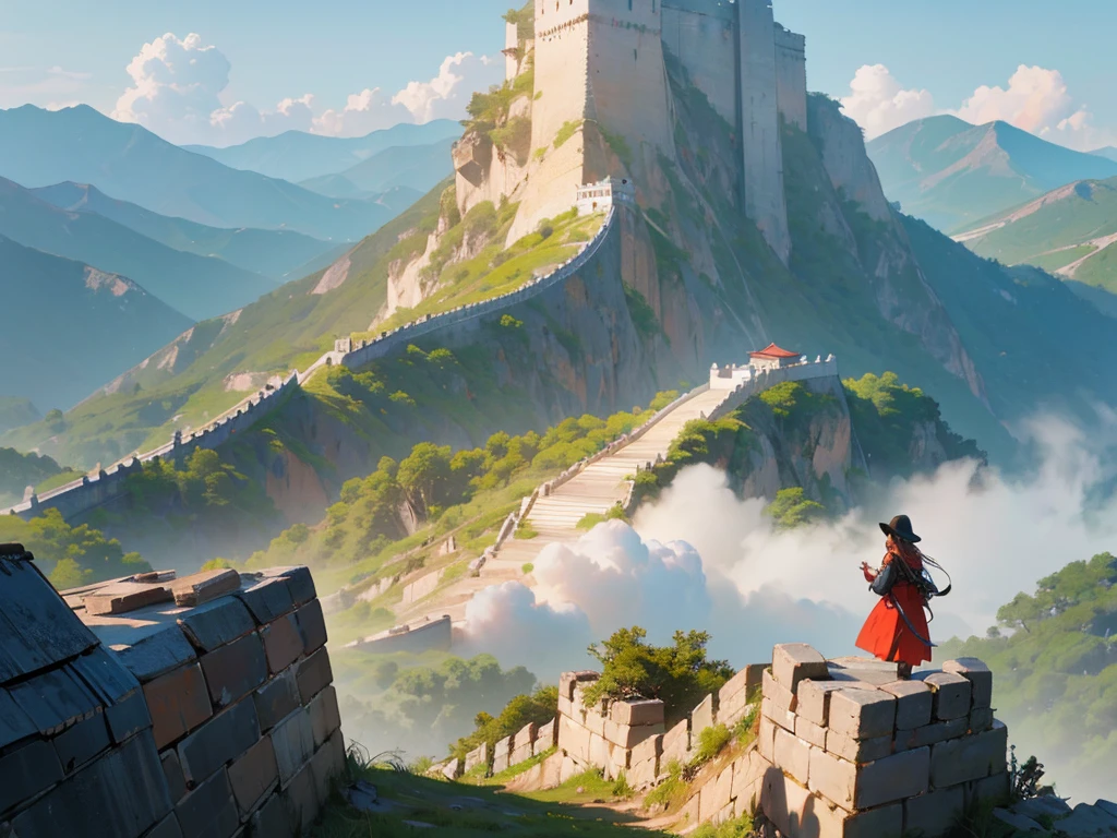 A dramatic, cinematic landscape of the Great Wall of China winding through a rugged, mountainous terrain, 1 girl in traditional Chinese clothing standing atop the wall, looking out over the vast expanse, (best quality,4k,8k,highres,masterpiece:1.2),ultra-detailed,(realistic,photorealistic,photo-realistic:1.37),dramatic lighting,warm color palette,detailed clouds in the sky, lush greenery surrounding the wall,stunning vista,ancient architecture,historic landmark