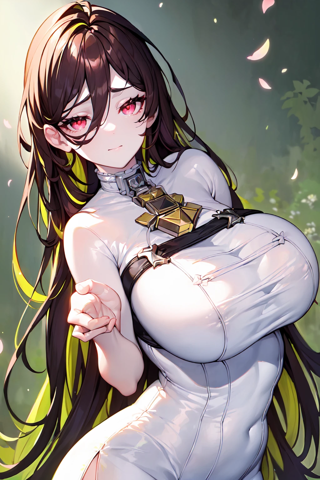 ((((Obra maestra, La mejor calidad, ultrahigh resolution)))), 1girl, kneeling,), ((long pure brown hair, hair over eye)), long hair cut, shiny skin, ((red eyes)), glowing_eyes, neon eyes, (ultra detailed eyes:0.7, beautiful and detailed face, detailed eyes:0.9), smirk, facing viewer, ((vibrant background, dark lighting, summer, sunlight)), large chested, looking at viewer, ((half closed eyes)), ((perfect hands)), (((head:1, arms, hips in view, elbows, in view))), ((hands behind back)), empty eyes, beautiful lighting, ((outside, outdoors)), defined subject, head tilt, (((gritty)), ((creepy)), ((cool)), ((beautiful)), (((SFW))), hair ornament, petals in the air, moon in the sky, city, mature woman, adult woman, sfw, pink and white dress, night dress, she is a princess, large chest, big ,