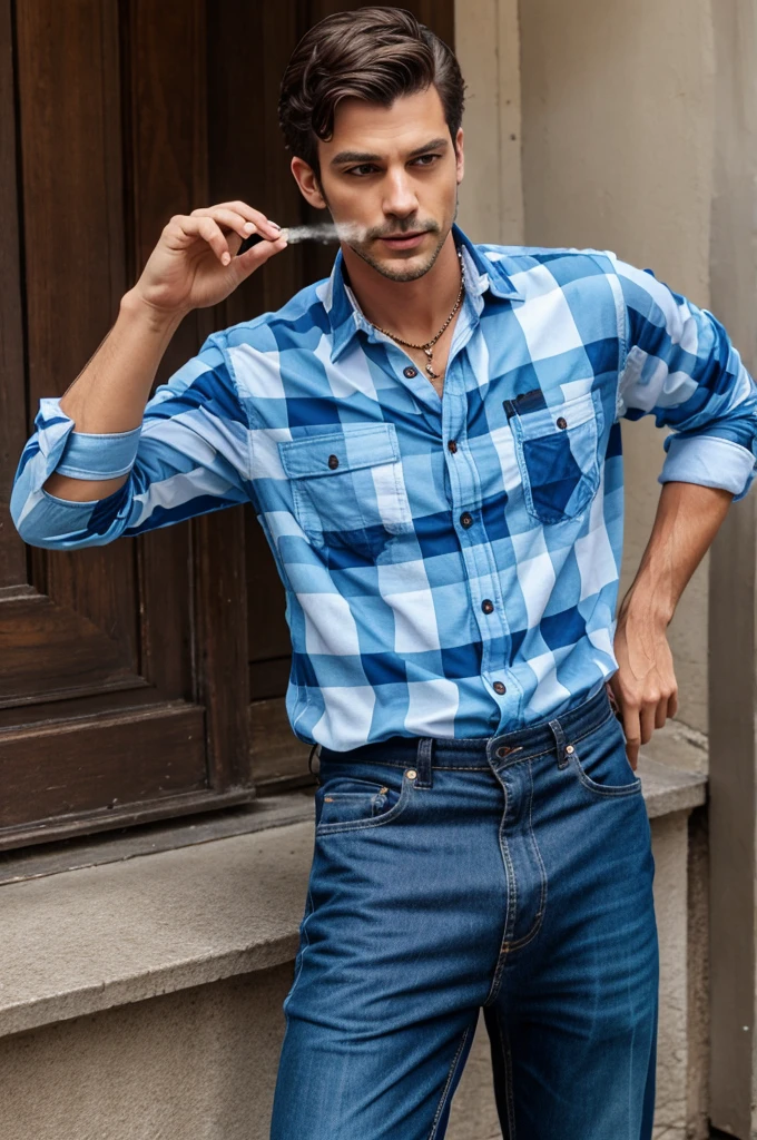 smoking tom in blue check shirt