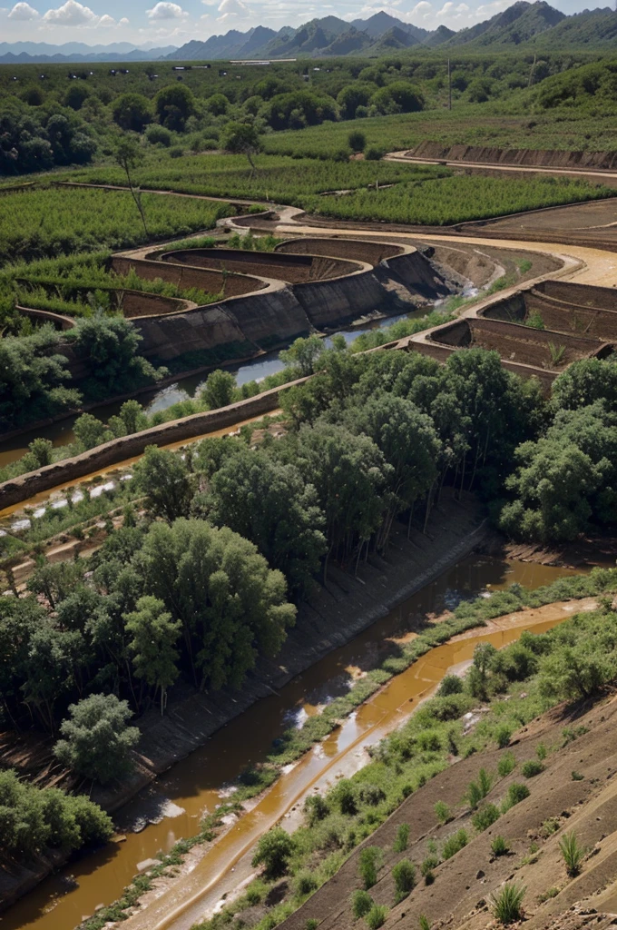 carbon transaction flayer image, chimney, arid environment, pollution, extinction of living things, people” cut down trees, ricefield, river