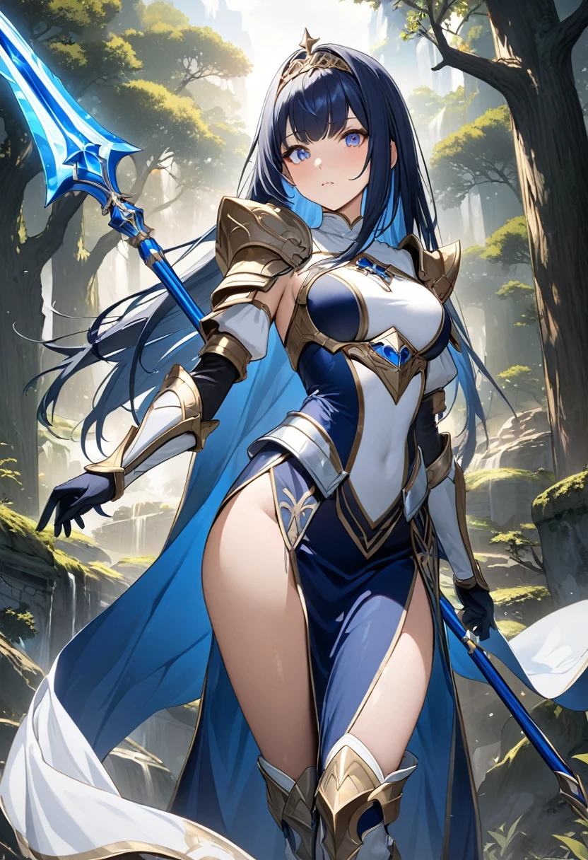 Highest quality、unity 8k wallpaper、32k、masterpiece、Very detailed、Ultra-high resolution、Very detailedな顔, RAW Photos, Professional, Ultra-fine painting,　Warrior Saint、Midnight blue long straight hair、Platinum tiara with blue gemstones、Blue Nun Cape、Red Eyes、(Tree Eyes), Cool and sharp features, hime cut, 20～A female magical warrior, about 24 years old.、White and gold breastplate、Blue and white leotard、(((Blue and white gold-embellished long pencil skirt with side armor and long slits)))、Half puff sleeves with shoulder pads、A large white ribbon with a large sapphire on the chest、White and blue long gloves、(((White and blue thigh-high stiletto boots:1.0)))、whole body、He has a spear with a glowing blue blade