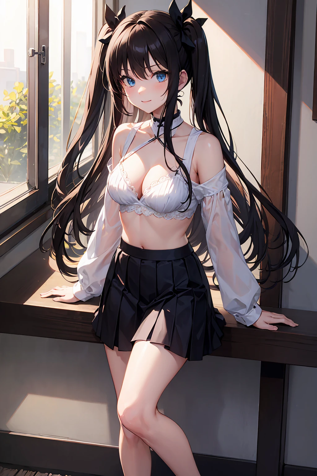 Long Hair, Black Hair, Center of chest, Thin legs, Happy, Cleavage, skirt, Tohsaka Rin, Twin tails, belly button, blue eyes, sunlight,