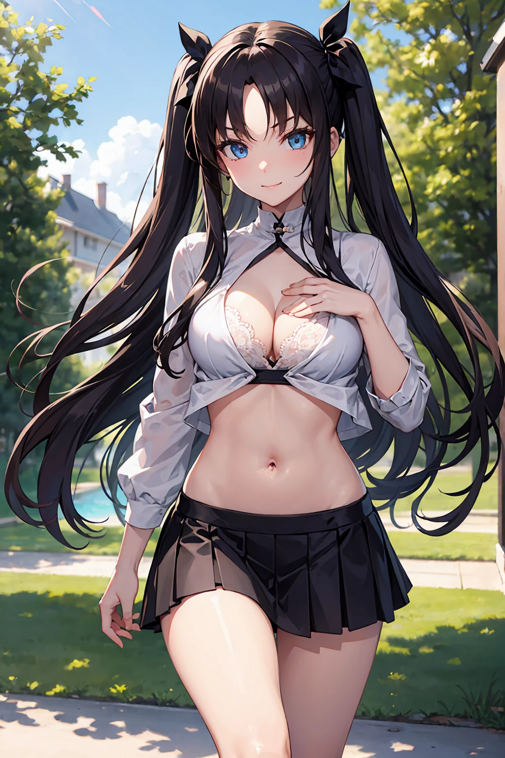 Long Hair, Black Hair, Center of chest, Thin legs, Happy, Cleavage, skirt, Tohsaka Rin, Twin tails, belly button, blue eyes, sunlight, 