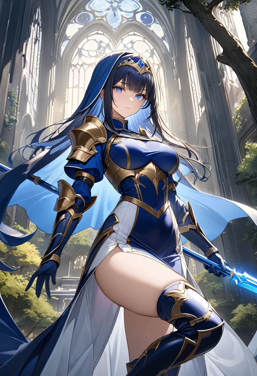 Highest quality、unity 8k wallpaper、32k、masterpiece、Very detailed、Ultra-high resolution、Very detailedな顔, RAW Photos, Professional, Ultra-fine painting, Warrior Saint、Midnight blue long straight hair、Platinum tiara with blue gemstones、Blue Nun Cape、Red Eyes、(Tree Eyes), Cool and sharp features, hime cut, 20~A female magical warrior, about 24 years old.、White and gold breastplate、Blue and white leotard、(((Blue and white gold-embellished long pencil skirt with side armor and long slits)))、Half puff sleeves with shoulder pads、A large white ribbon with a large sapphire on the chest、White and blue long gloves、(((White and blue thigh-high stiletto boots:1.0)))、whole body、He has a spear with a glowing blue blade